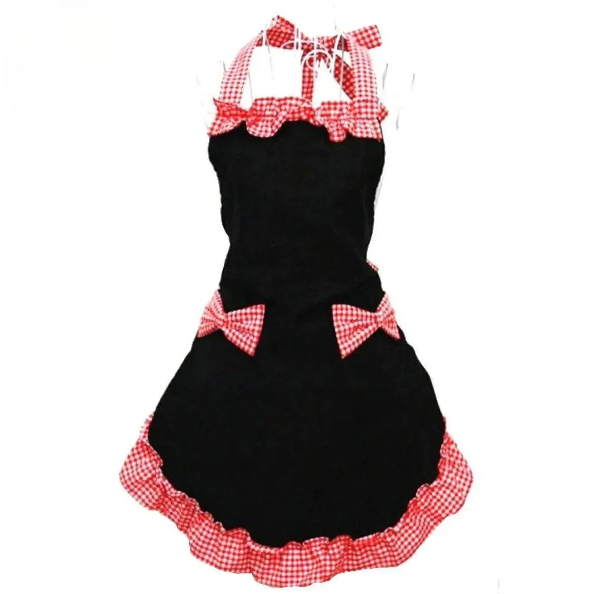 Adjustable Gingham Bow Ruffle Apron, Anti-Stain Maid Style Workwear, Cute Frilly Kitchen Apron for Cafe Restaurant Florist Baking Daily Use