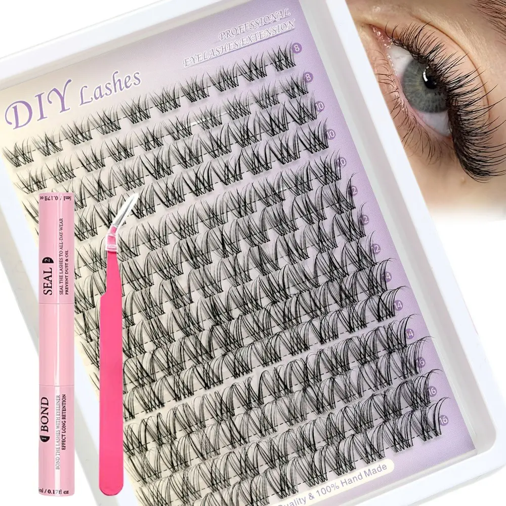 1 Box Set with 140 Clusters of Eyelashes + Dual-Head Glue + Special Eyelash Clamp Kit, Natural Clustered Eyelashes, Clear Striped Lightweight Eyelash Extension Kit, Clustered Eyelash Extension C-Type Curl 10-14mm Eyelashes