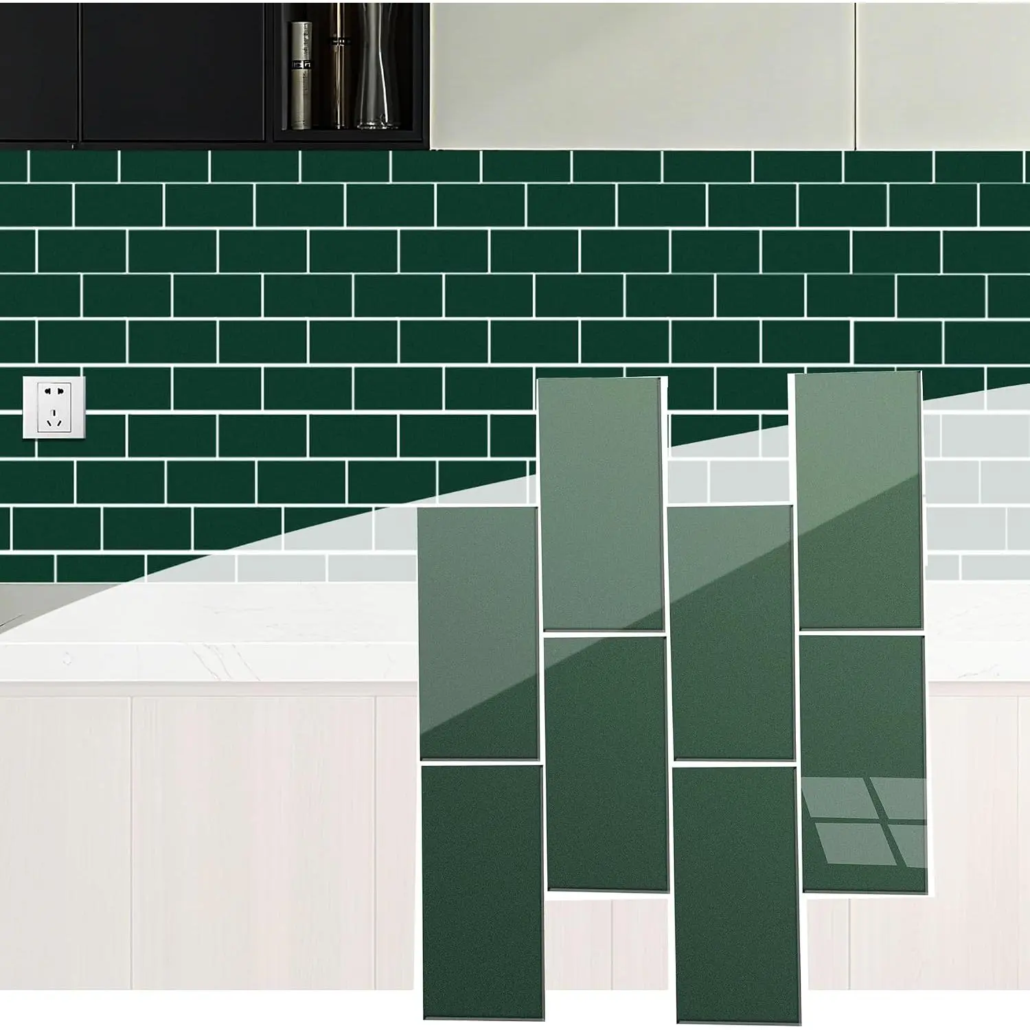 Peel and Stick Subway Backsplash, Glass Thicker Wall Tile Stick  Kitchen, Bathroom, Green, 5-Sheet