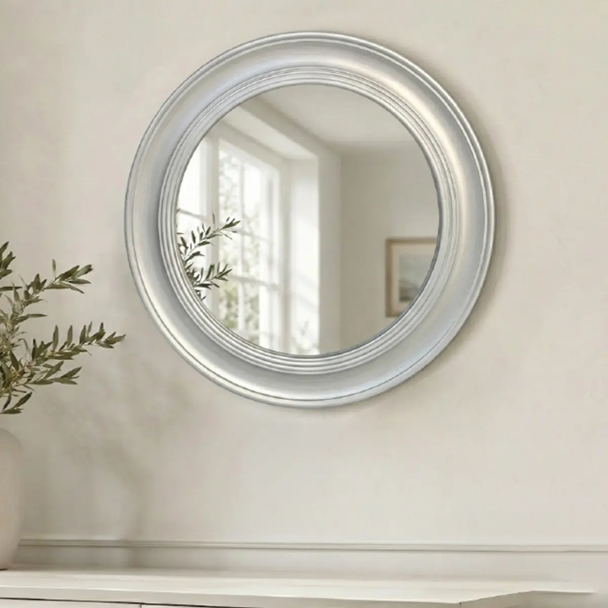 Vintage Round Wall Mirror - Brushed Silver Metal Frame, Retro Look Wall Mounting Mirror for Entryway Decor, Living Room, Round Shape