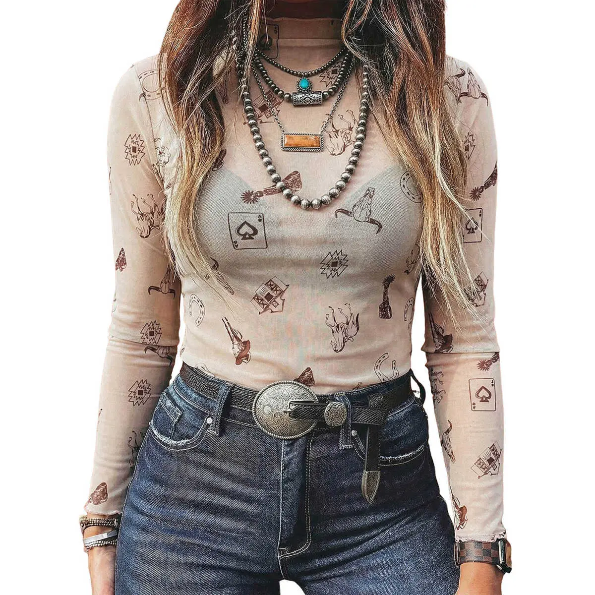 Womens Mock Neck Mesh Tops Western T Shirts Long Sleeve Layering Tops See Through Trendy Outfits Going Out Tops