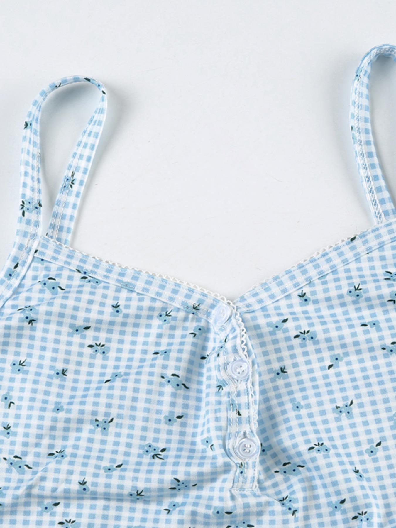 Two-Piece Set Women's Plaid and Floral Print Cami Top & Shorts Set, Casual Cute Comfy Spaghetti Strap Camisole & Shorts Set, Women's Clothes for Summer, Womenswear