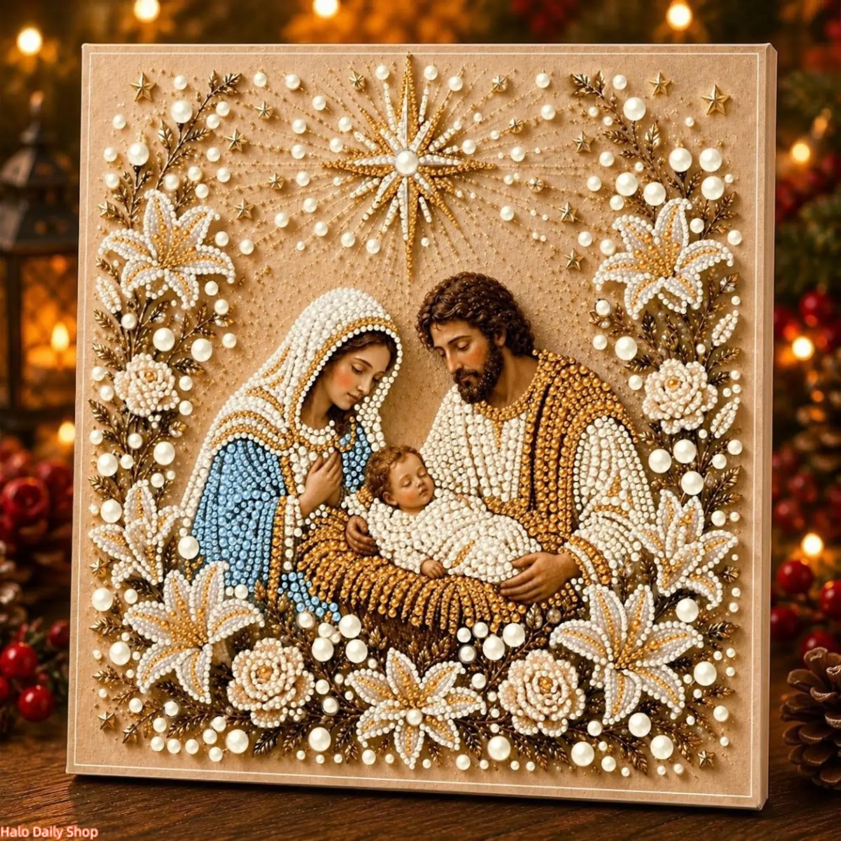 Gorgeous 3D Pearl Beaded Holy Family Diamond Painting Kit, Sacred Nativity Rhinestone Mosaic Wall Decor, Meaningful Religious Christmas DIY Gift for Catholic Home Decoration