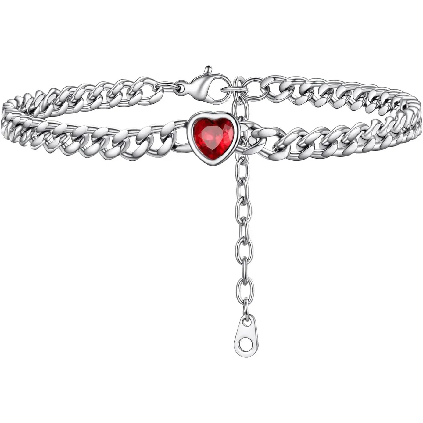 Cuban Links Heart Anklets for Women, Adorned with Sparkling Birthstone, Black Stainless Steel Chain Ankle Bracelet, 8.5"-10.5" Adjustable, Come with Box