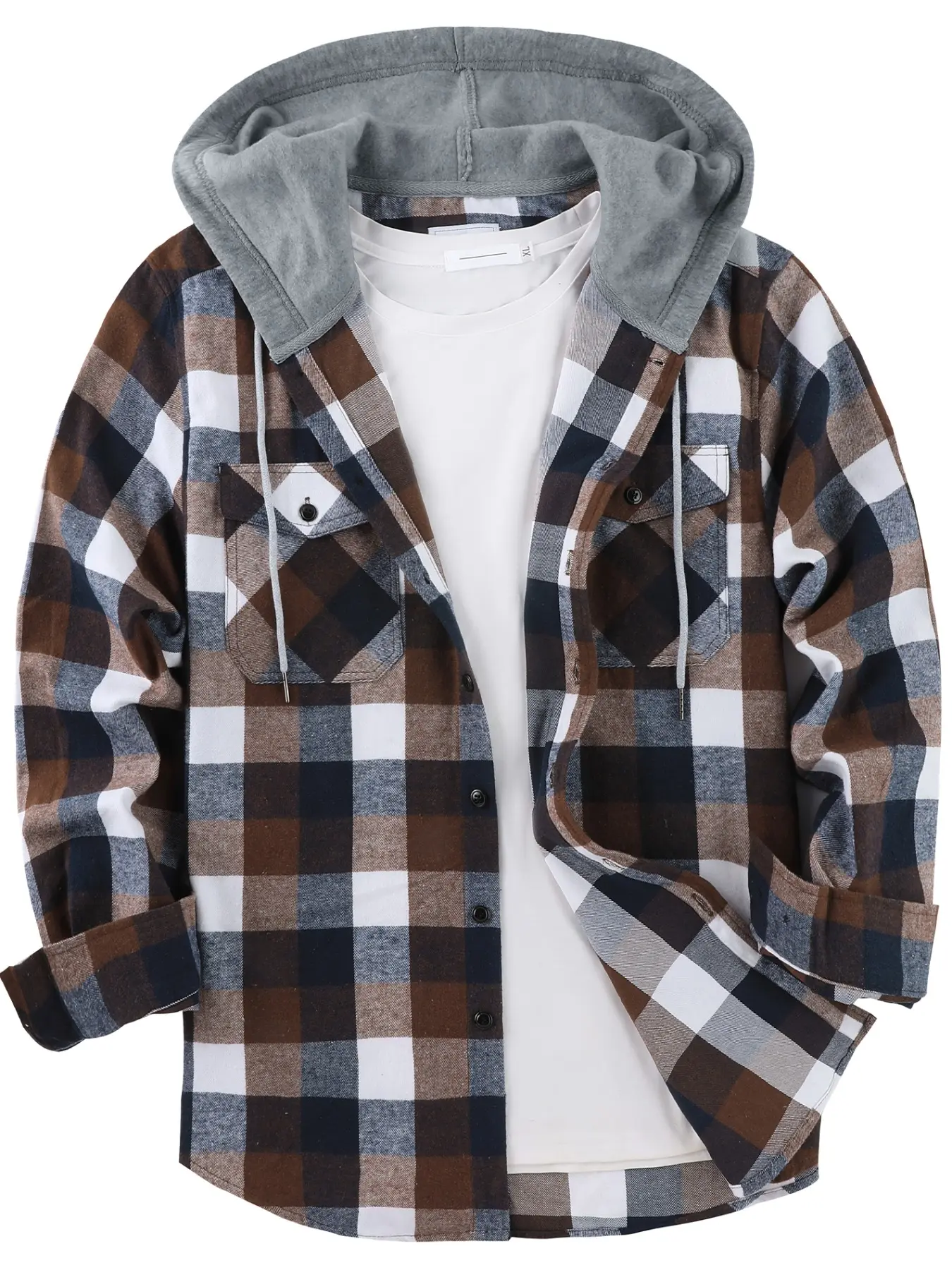 Men's Plaid Print Button Front Drawstring Hooded Shirt, Regular Fit Casual Long Sleeve Pocket Top, Men's Clothes for Daily Wear
