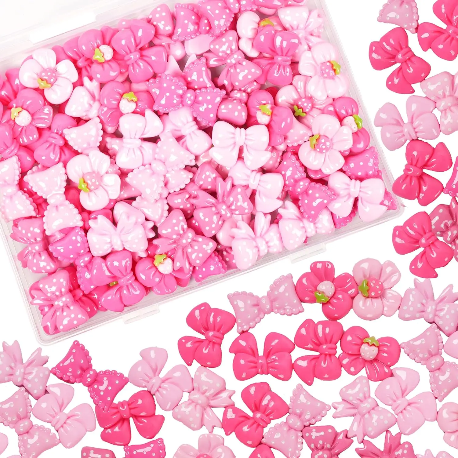 50Pcs Resin Charms Slime Charms Pink Resin Bow Embellishments Bulk Mixed Ornament Decorations Accessories