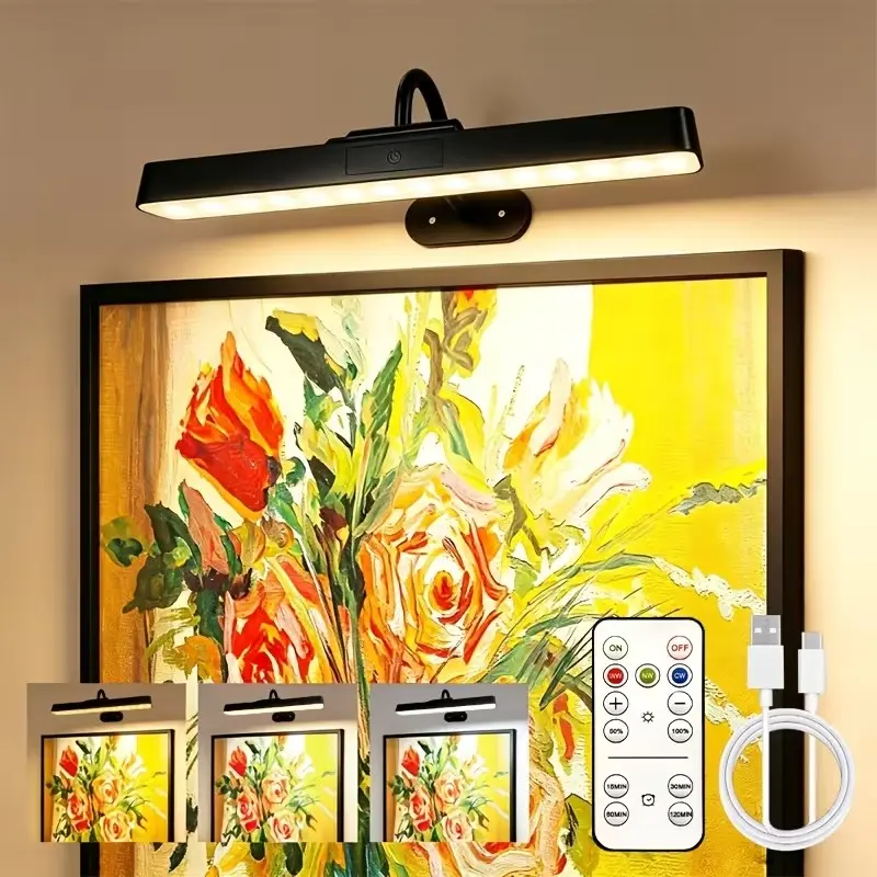 360° Adjustable LED Picture Light, USB Rechargeable, Remote Control, Three-Tone Dimmable, Timer Function, Wall Mount, Photo Lamp, Vanity Lamp, Lighting Fixtures