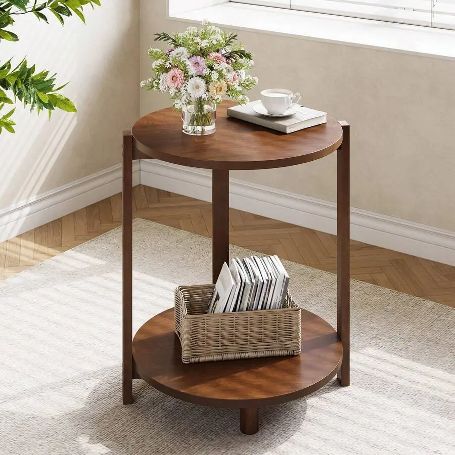 19 Inches Solid Wood Side Table With 2-Tier Storag, Small Round End Tablee Living Room, Wooden Circle Retro Nightstand, Small Spaces, Bedroom, Apartment