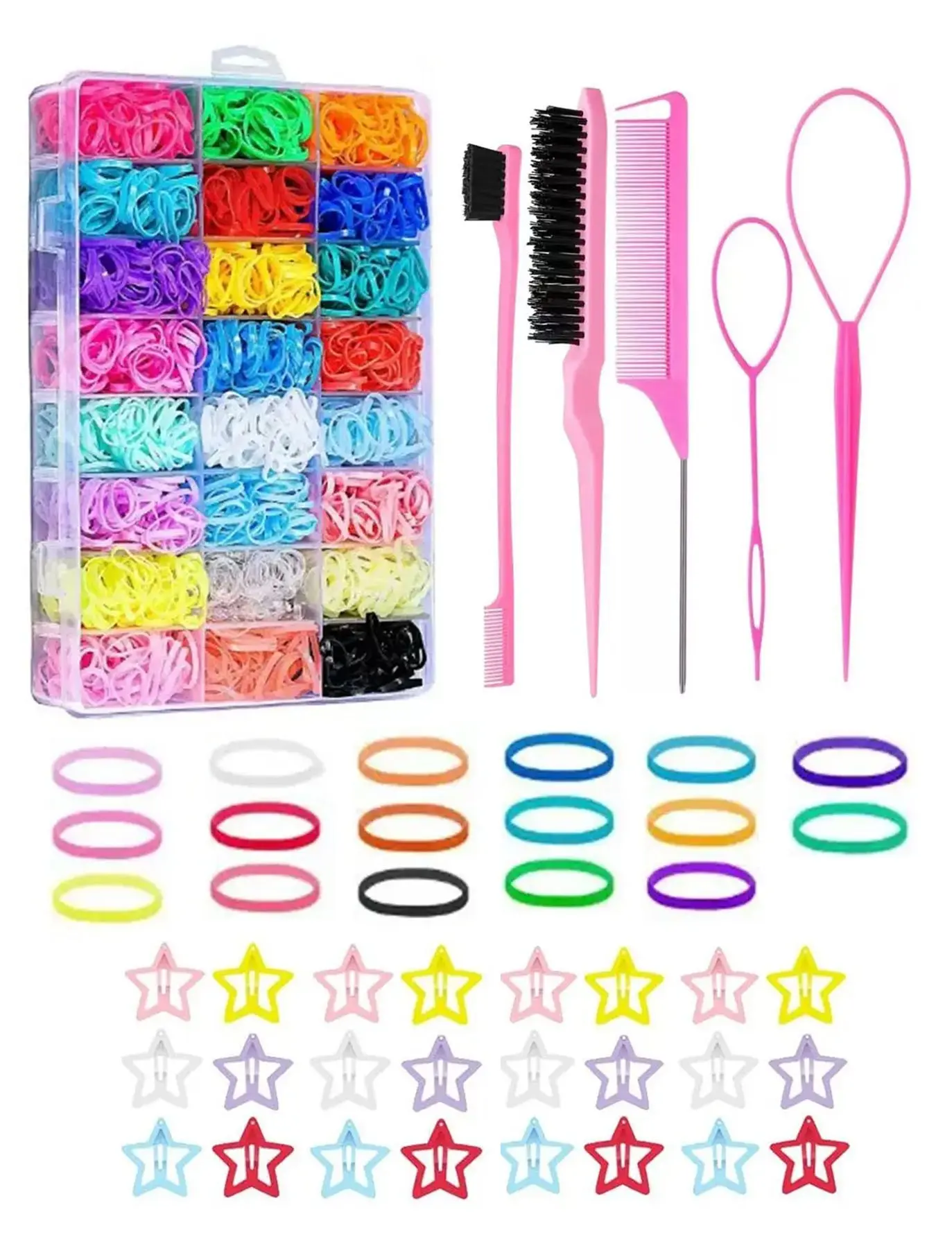 Girls Hair Accessories Set, Multicolor Elastic Hair Bands, Hollow Star Snap Barrettes, Hair Braiding Tools, Organizer Box for Kids, Hair Accessory Set