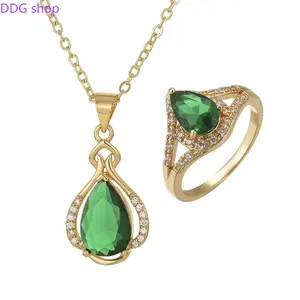 Luxury Emerald Green Zircon Necklace Ring Set for Women, Gold Plated Full Diamond-Inspired Jewelry, Teardrop Pendant Collarbone Chain, Elegant Evening Wear Accessory for Weddings, Banquets & Special Events