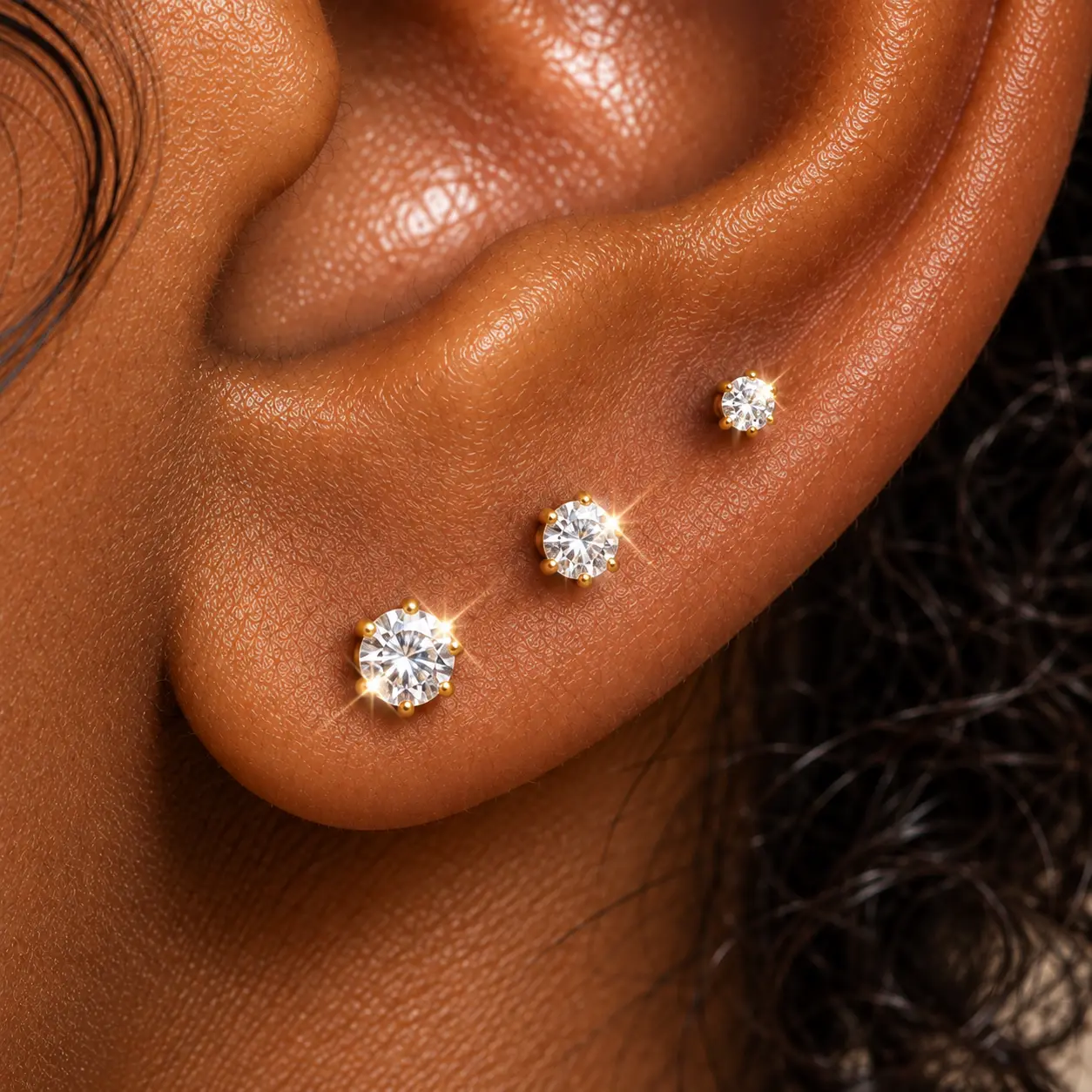 3 Pairs Gold Screw Back Stud Earrings for Women, 18K Gold Plated Zircon Stud Earrings Set, 3mm 4mm 5mm Round Clear Stones, Secure Ball Back Earrings, Everyday Jewelry Gift for Women and Girls