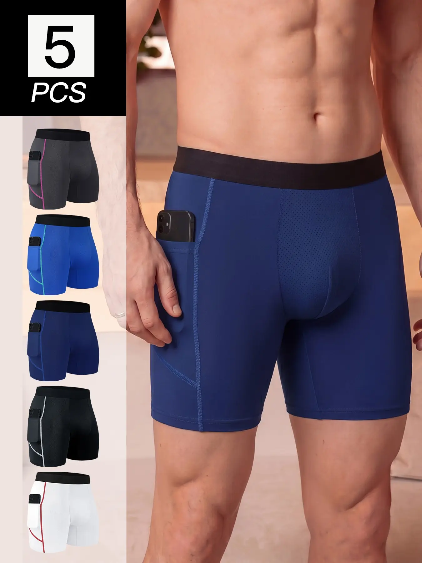 5 Pcs/Pack Men’s Long Leg Boxer Briefs with Phone Pocket, Breathable Quick Dry Athletic Underwear, Anti Chafing No Ride Up Trunks for Gym Running Cycling, Stretch Boxer Shorts, Sports Underwear