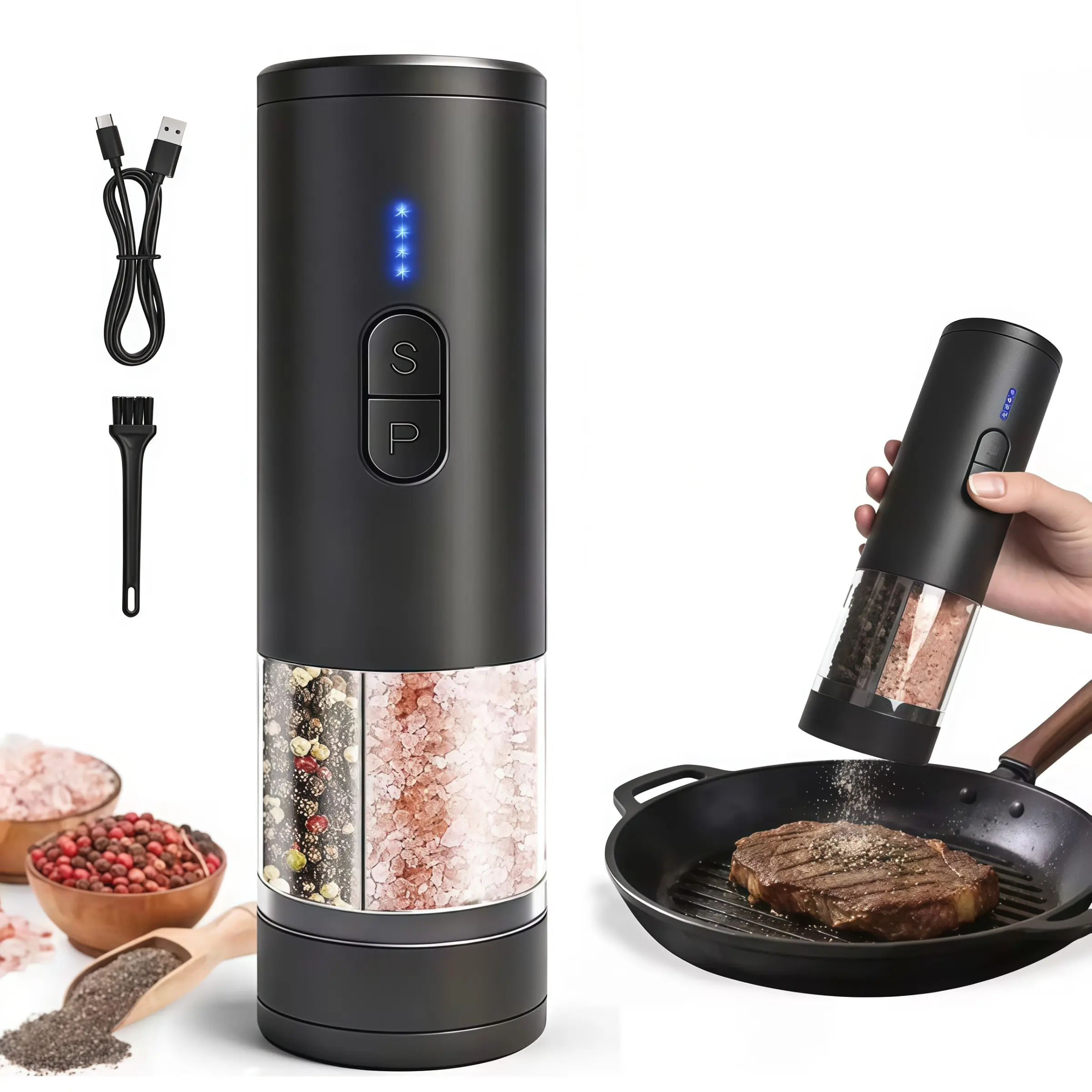 2 in 1 Electric Salt and Pepper Set, USB Rechargeable, Automatic Mill Shakers with Display, LED Light, Adjustable Coarseness, Ideal for Kitchen