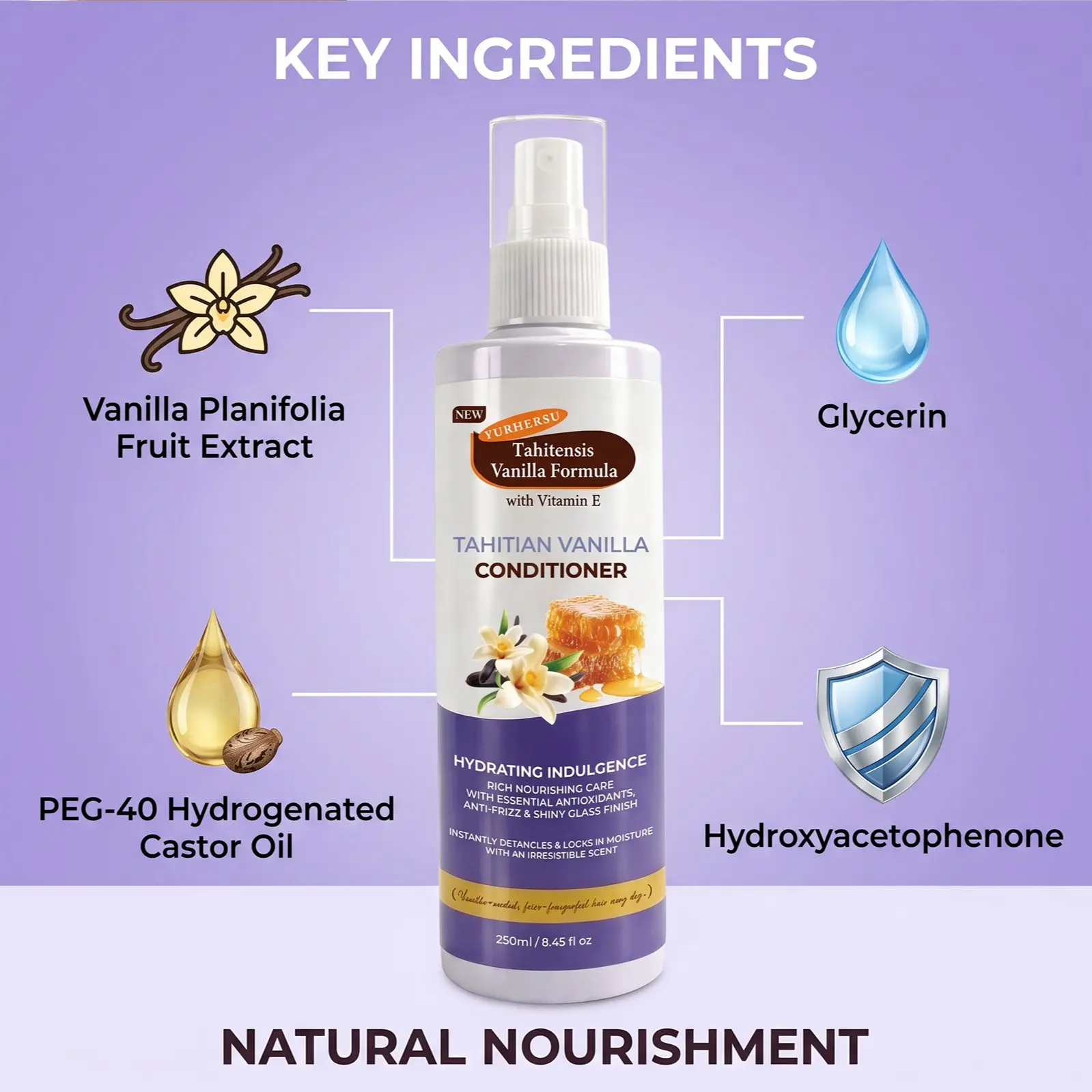 Tahitian Vanilla Hair Mist Infused Honey & Vitamin E Hydrating Anti-Dandruff Conditioning Heat Protectant Spray, Smooth Frizzy Hair Long Lasting Moisture Leave-In Hair Care For Dry Damaged Hair Daily Travel Liquid Haircare Formula