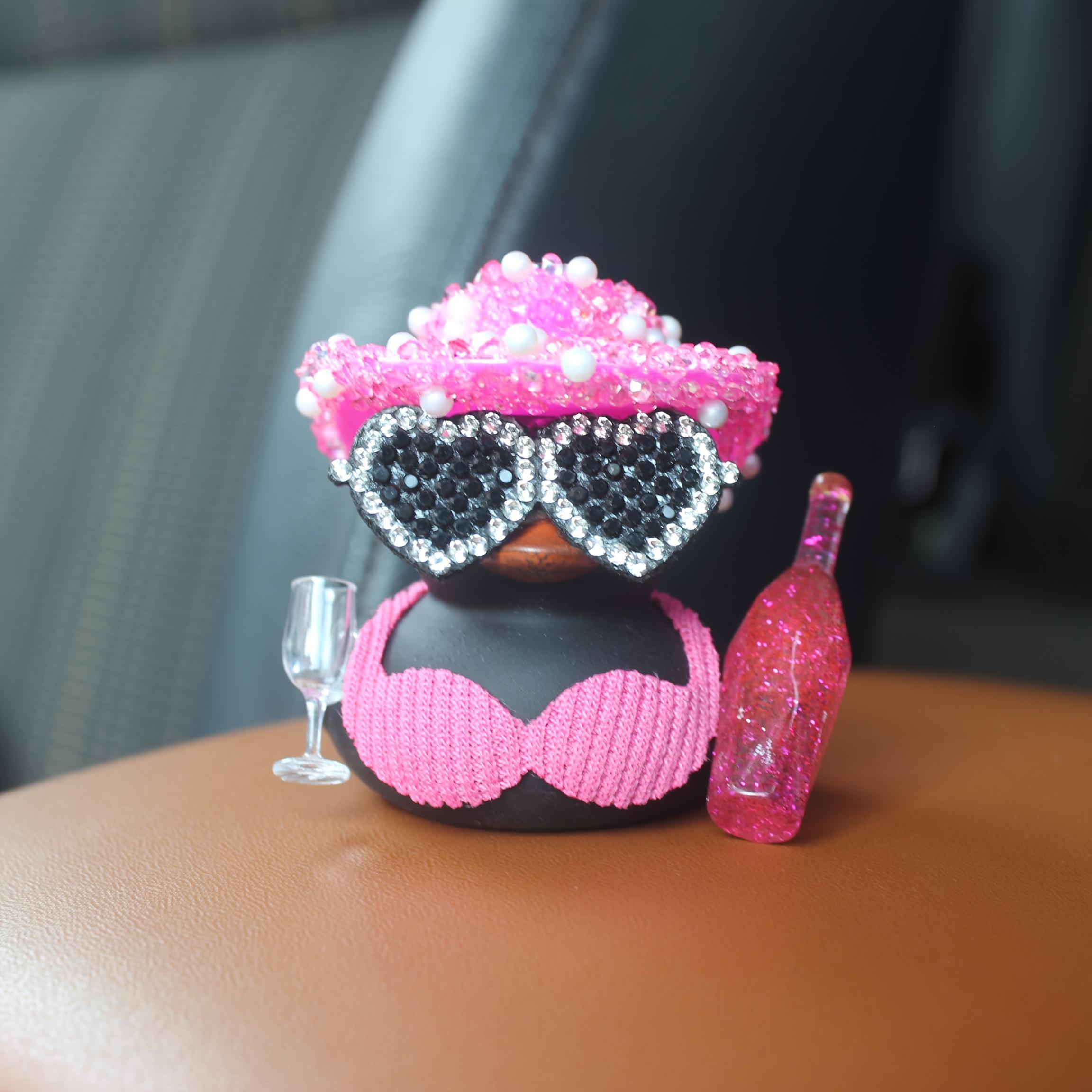 Cute Duck Car Dashboard Ornament Set, Black Duck with Pink Glitter Hat and Champagne Bottle Decor, Funny Car Interior Accessory for Dashboard, Motorcycle, Bicycle, Party Gift