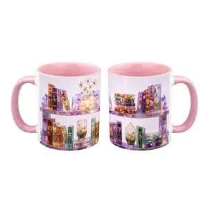 Magical Crystal Bookshelf Coffee Mug, Fantasy Book Lover Ceramic Cup, Purple Amethyst Crystal Mug, Enchanted Library Design Mug, Pastel Pink, Black, White handle Mug, 11oz & 15oz Ceramic Drinkware, Bookworm Gift