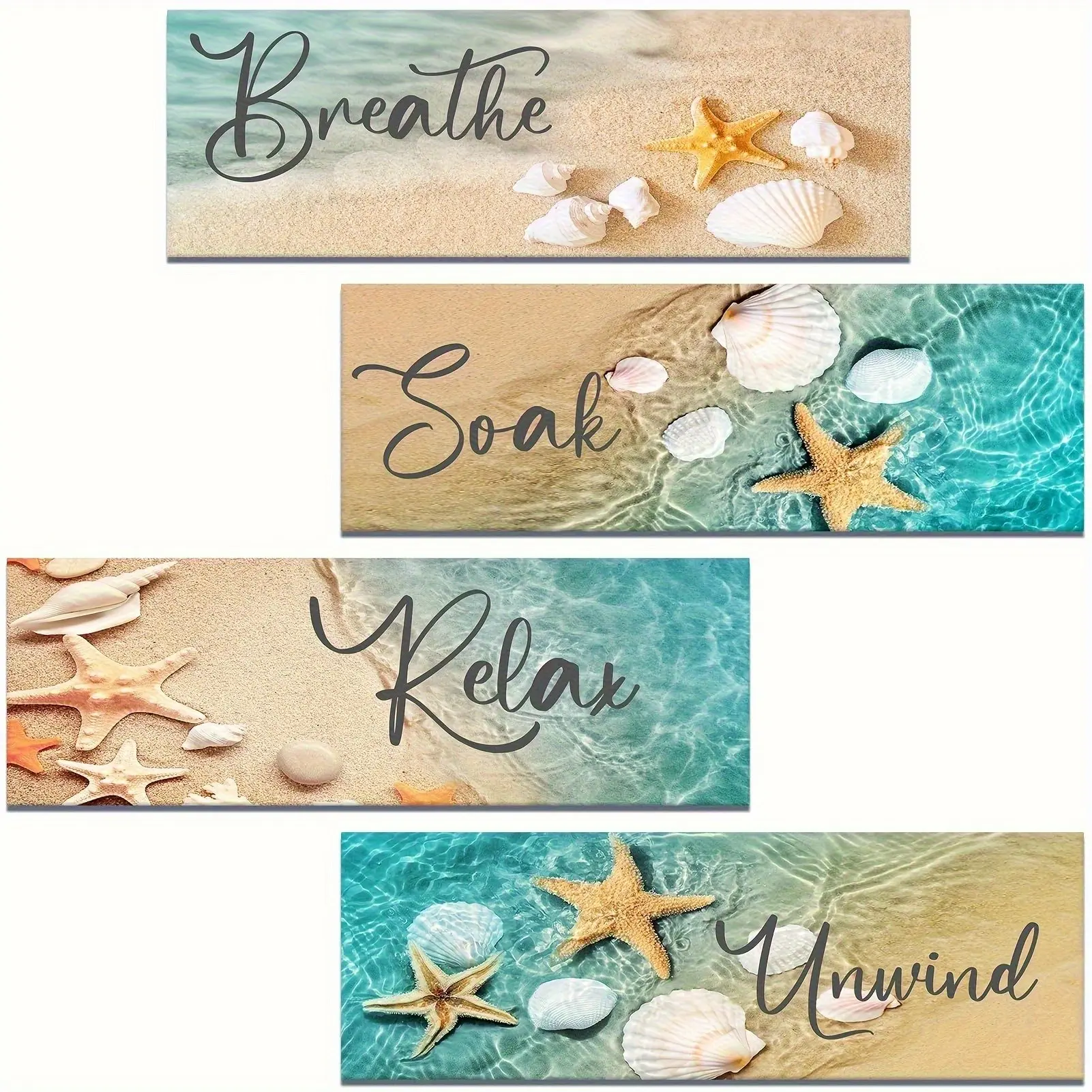 4pcs Wooden Beach Bathroom Wall Decor | Frameless Plywood Art Prints Featuring Seashells and Starfish, Ideal for Relaxing Bathroom Spa Decor, Artistic Decoration Items