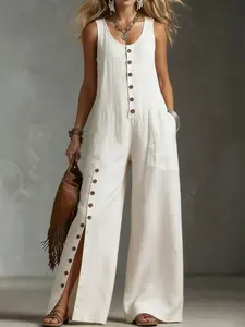 Women’s Sleeveless Button Front Wide Leg Jumpsuit, Casual Loose Fit Romper with Pockets, Summer Beach Travel, Linen Look
