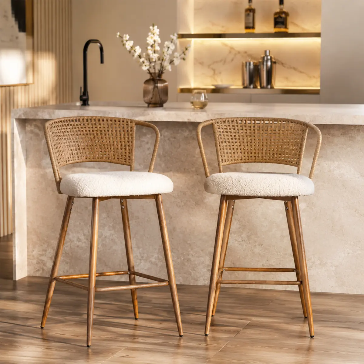 Aobtkel Armless Counter Stools Set of 2 - Curved Rattan Back, Upholstered Seat, Woven Texture, Metal Legs, Easy Setup Mid-Century Boho Kitchen Island Chairs (Cream), Curved Back, Without Arms