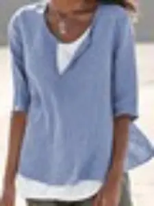 Women’s Linen Blend Blouse, Casual Loose Fit V Neck Tunic Top, Lightweight Breathable Half Sleeve Shirt, Summer Vacation Wear