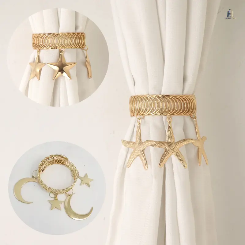 Starfish Spring-Loop Curtain Tie Backs with Metal Coating, Coastal Room Decor Accessory, Reusable Spring-Clips Window Drapes Fastener, Rustproof Firm-Grip Flexible Easy-Install for Bedroom Living Room