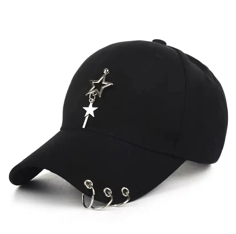 Metallic Star Fitted Baseball Cap, Black Cotton Hat with Chain Detail & Dangle Charm, Unisex Summer Streetwear Cap, Trendy Casual Headwear for Women Men