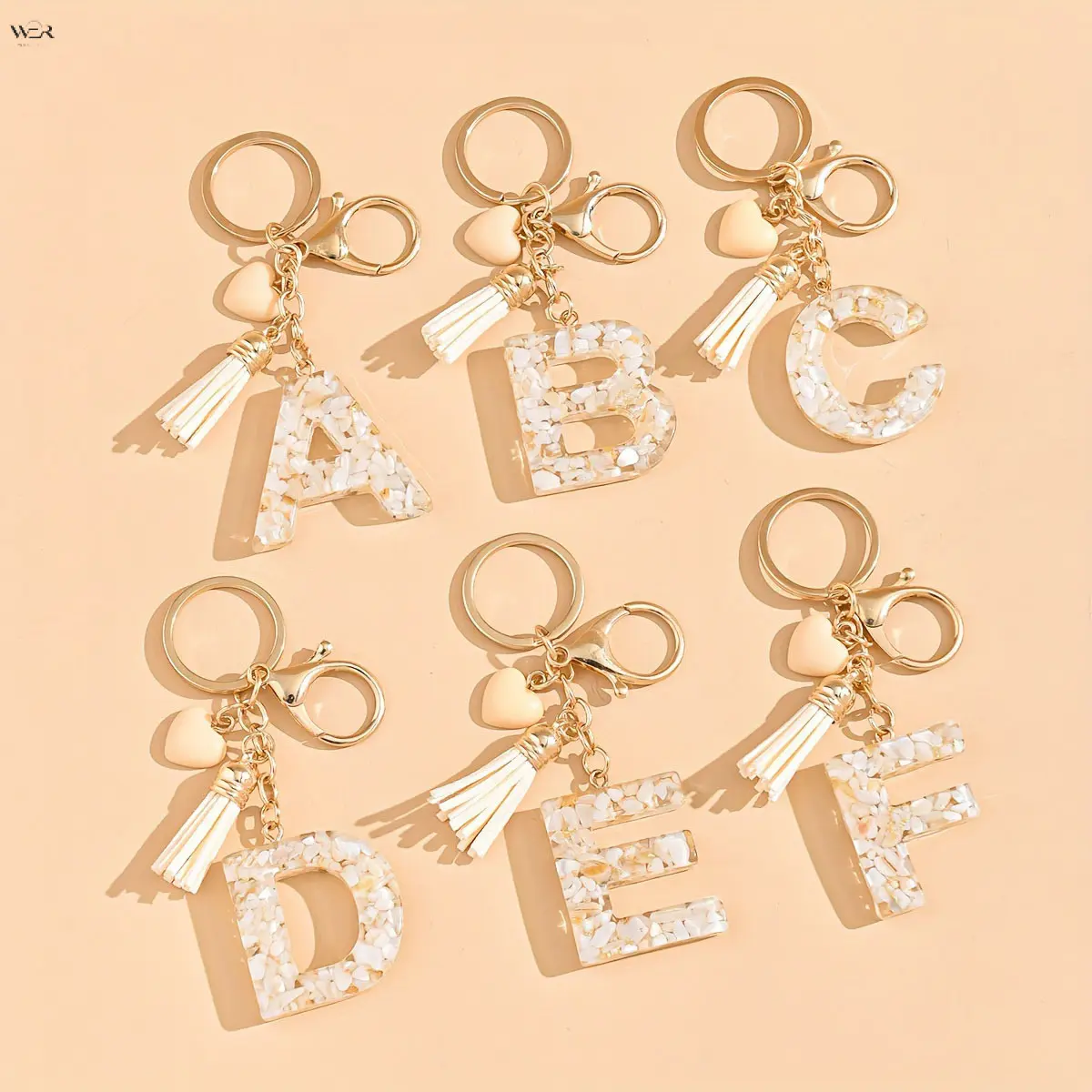 Full A-Z Resin Initial Letter Keychain 11cm Total Length, Shell Inlaid Alphabet Charm With Heart Pendant Tassel, Gold Split Ring Lobster Clasp Personalized Bag Charm Custom Monogram Gift