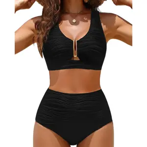 Aqua Eve Women's High Waisted Bikini Set - Tummy Control U-Wire Cutout Swimsuit Two Piece Textured Bathing Suits 2026 Swimwear DealsForYouDays