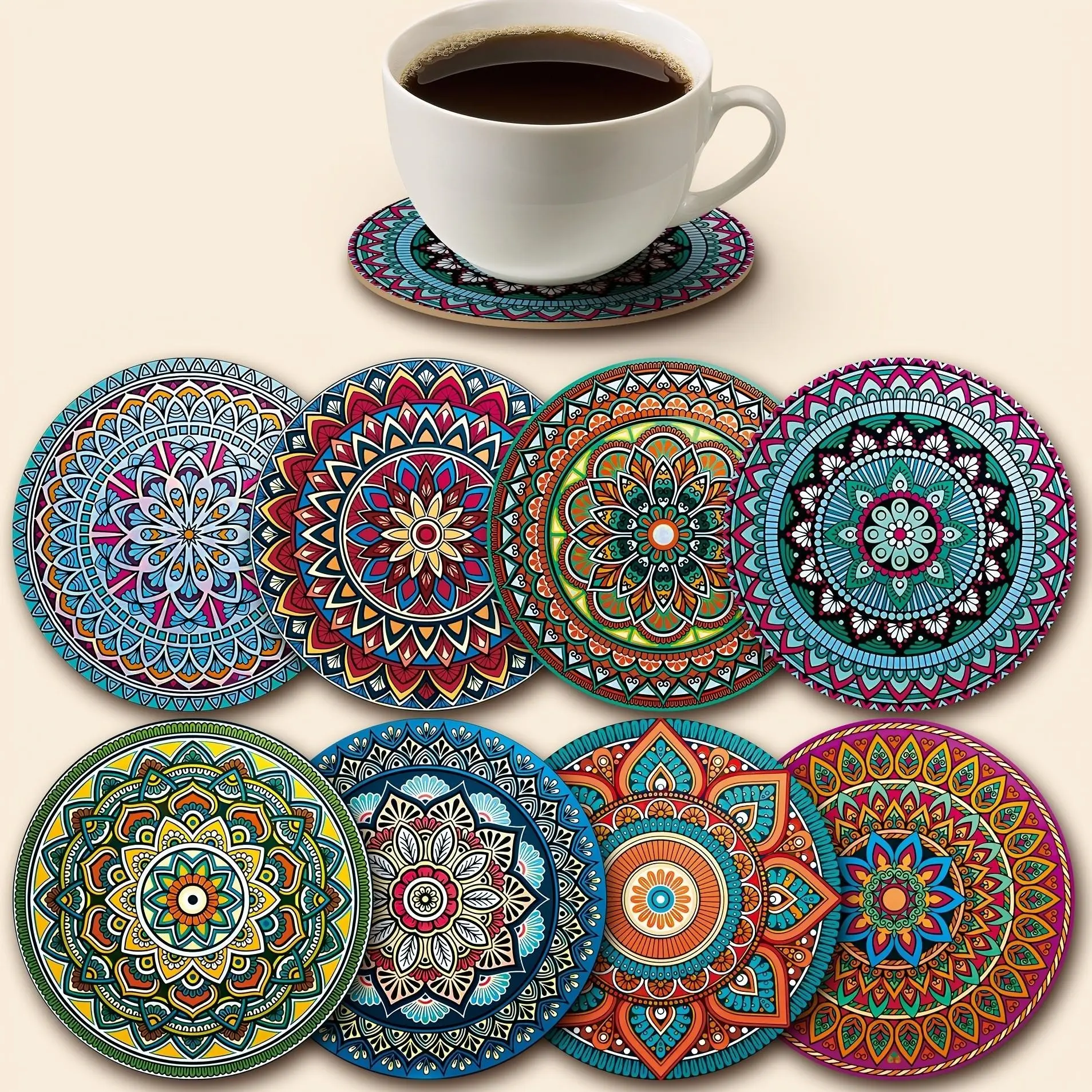 8 Piece Wooden Mandala Coasters, Square Insulated Wood Cup Mats, Home Bar Office Desk Decor, Festival Party Table Accessories, 3.94 Inches