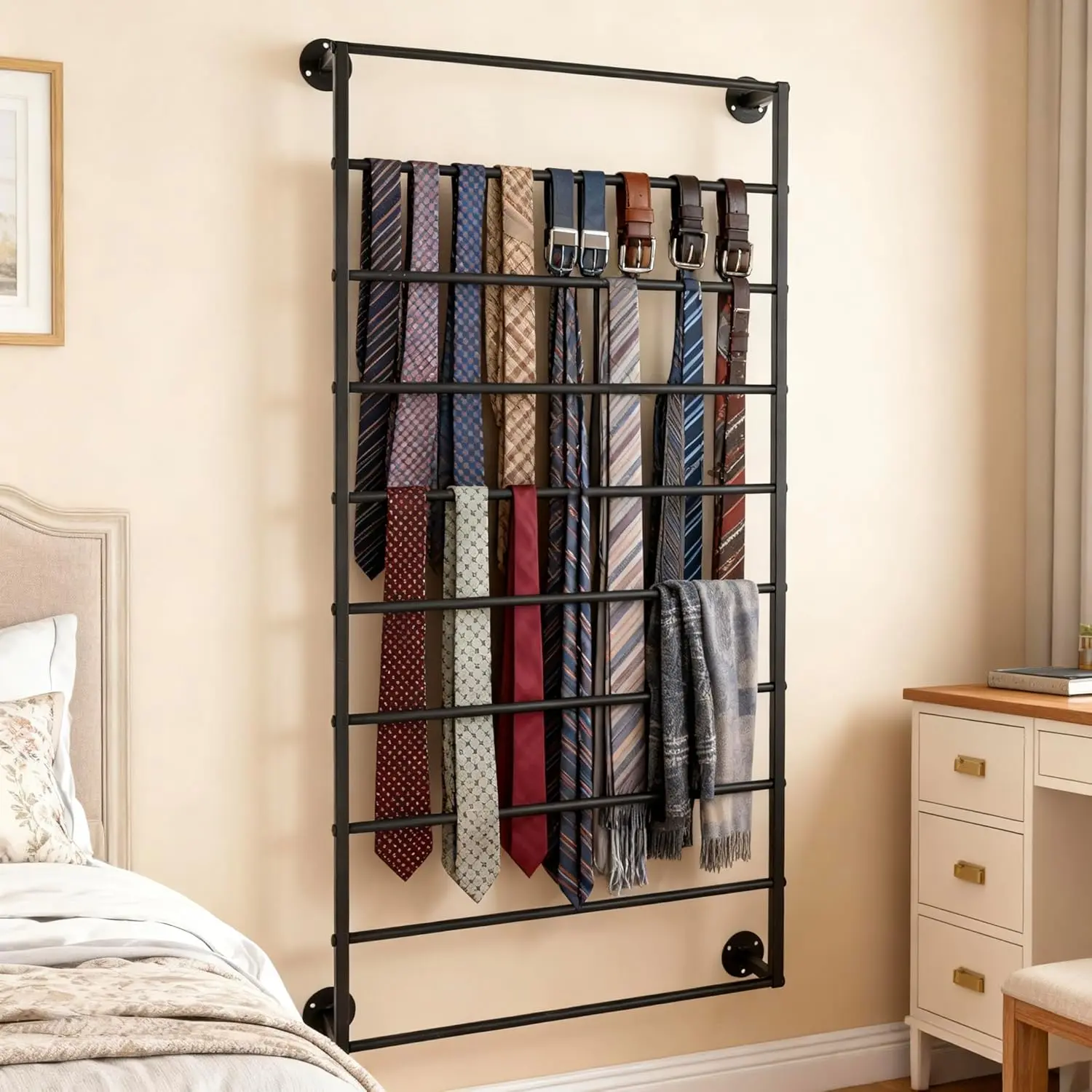 Hangable 10-Layer Adjustable Metal Wall-Mounted Display Rack - Home Organizer for Wrapping Paper, Ribbons, Scarves, Ties, Belts, Towels, Hijabs - No Worries Storage for Bedroom, Garage Organization, Boutique Retail Store