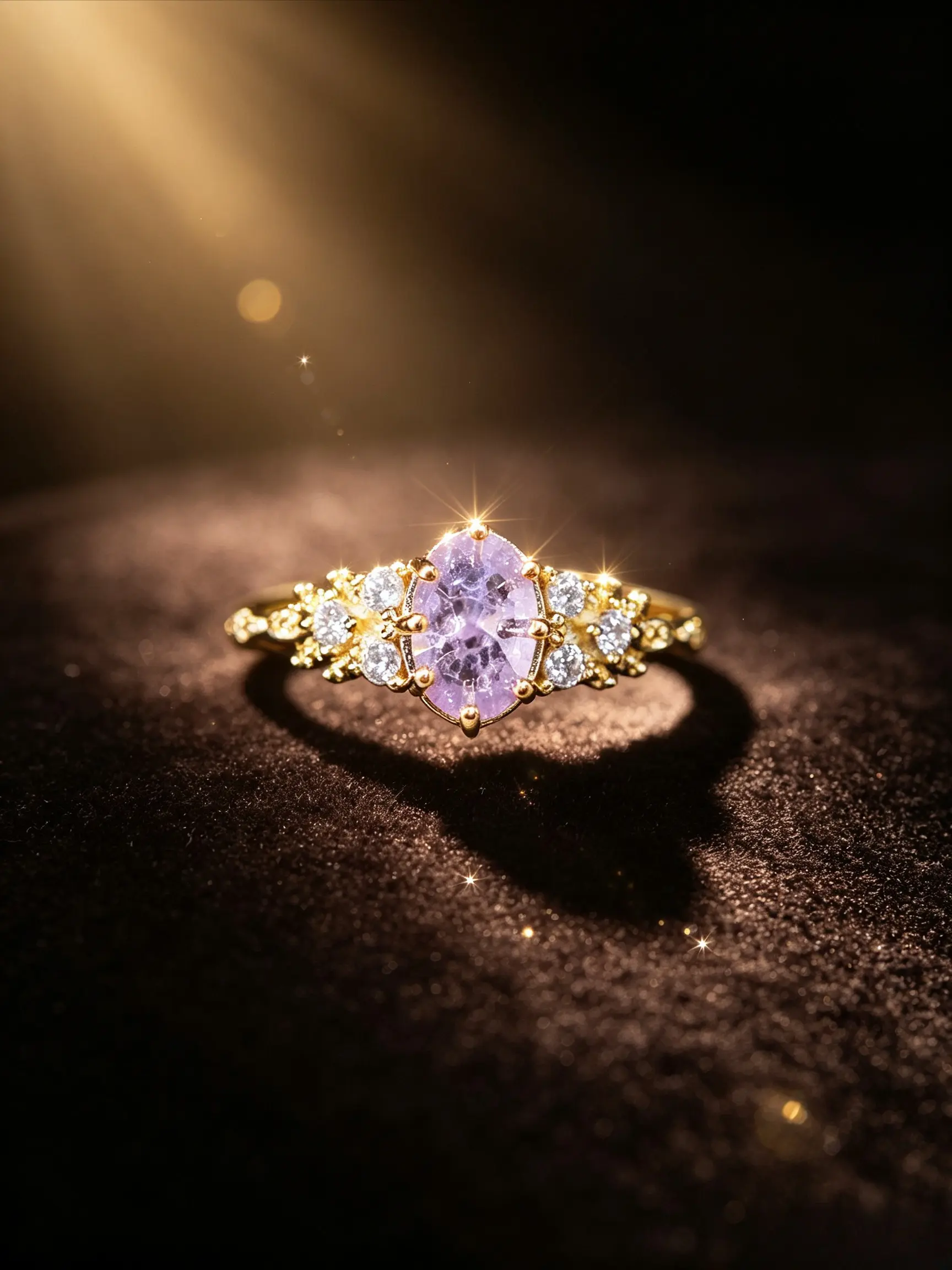Women Oval Simulated Lavender Amethyst Ring, Vintage Floral Branch Cubic Zirconia Side Halo Dainty Thin Band Ring, Gold Plating Setting, Fairy Elegant Daily Promise Engagement Wedding Finger Jewelry Gift For Her