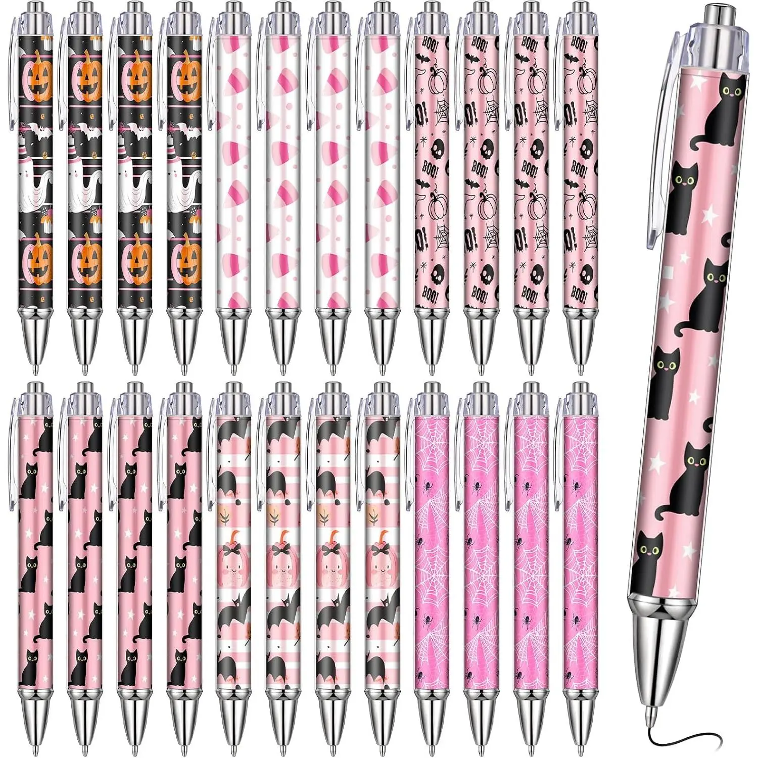 24 count  Halloween Pens Bulk Fun Spooky Cute Cartoon Retractable Ink Ballpoint Pens  Orange Black  Pumpkin Gifts for Holiday Office Halloween Party Supplies