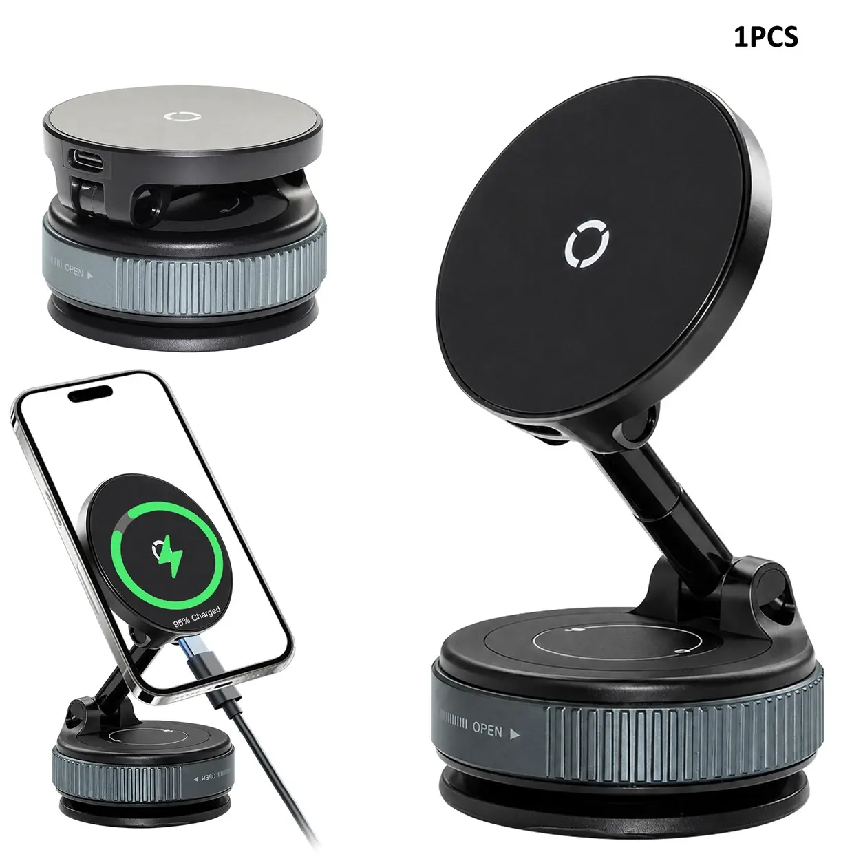 Magnetic Wireless Car Charger, 15W Turbo Charging Phone Mount with Reusable Vacuum Suction Cup Base, 360° Rotatable Holder for iPhone 12-17 Series