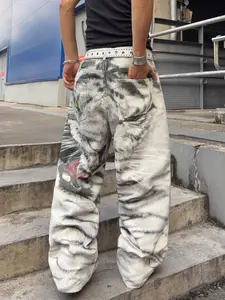 Men's High Street Style Tiger Print Jeans, Loose-Fit Wide Leg Pants, Y2K Fashion, All Seasons, Multiple Sizes Available, No Belt Included