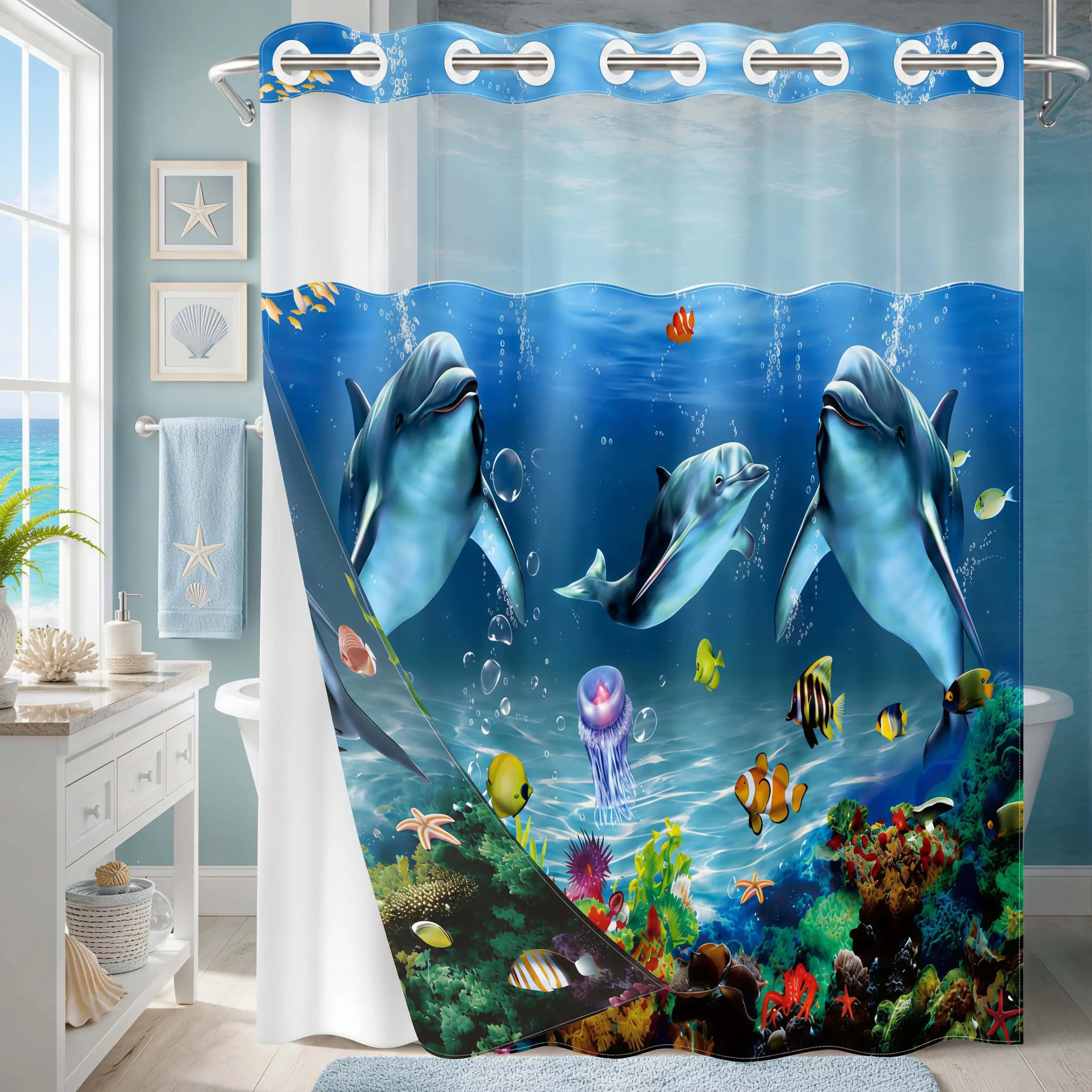 1 Piece No Hook Double Layer Heavy Duty Shower Curtain and Liner, 3D Underwater World Dolphin Print Bath Curtain, Waterproof, Mildew Resistant, Durable Fabric, Ocean Home Decor, Removable Liner, Top See-Through Window, Partition Curtain 71"×74"