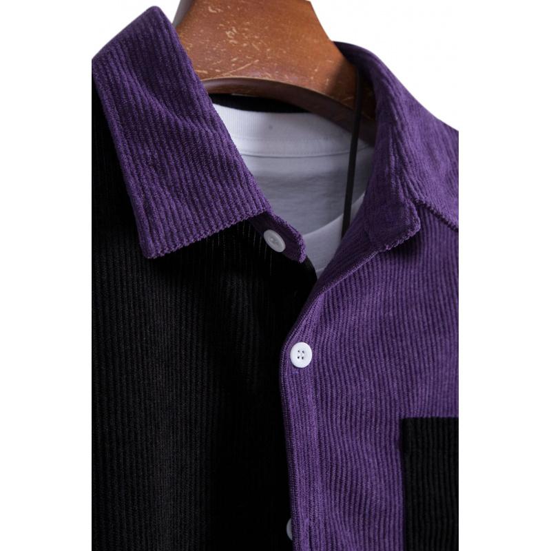Men's corduroy color-block short-sleeve shirt, casual button-up shirt with chest pocket, vintage summer street style, soft and breathable, suitable for everyday wear