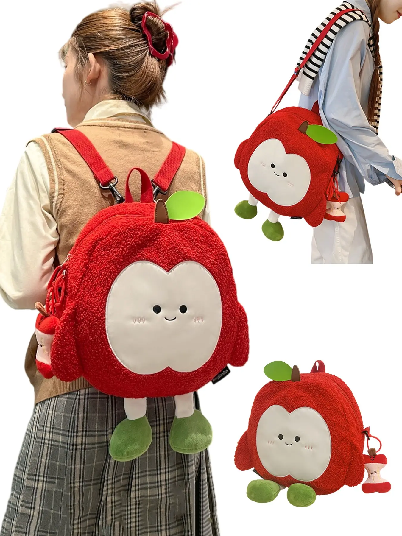 Adorable Apple-Shape Multi-Functional Backpack, Cute Plush Bag, Adjustable Straps, Zip Closure, Ideal for Daily Use & Christmas Gift, Casual Backpack