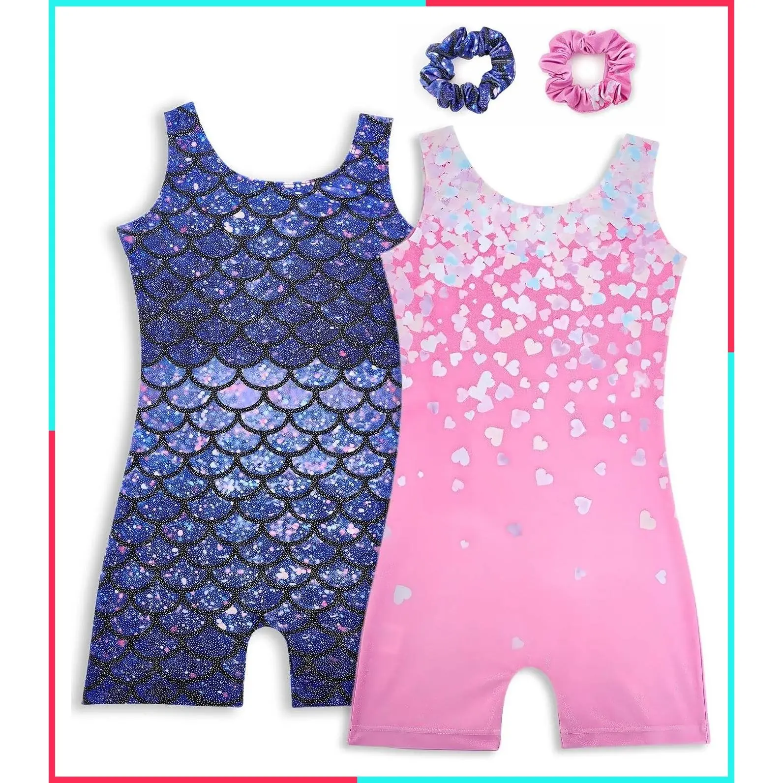 Girls Gymnastics Leotards 2 Pack Sparkly Biketards Outfit Set with 2 Hair Scrunchies for Kids Tumbling Practice