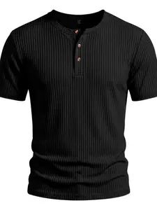 Men's Vertical Ribbed Henley Short Sleeve T-Shirt, 3 Button Placket Slim Fit Casual Top, Soft Stretch Knit Tee for Daily Workout Streetwear