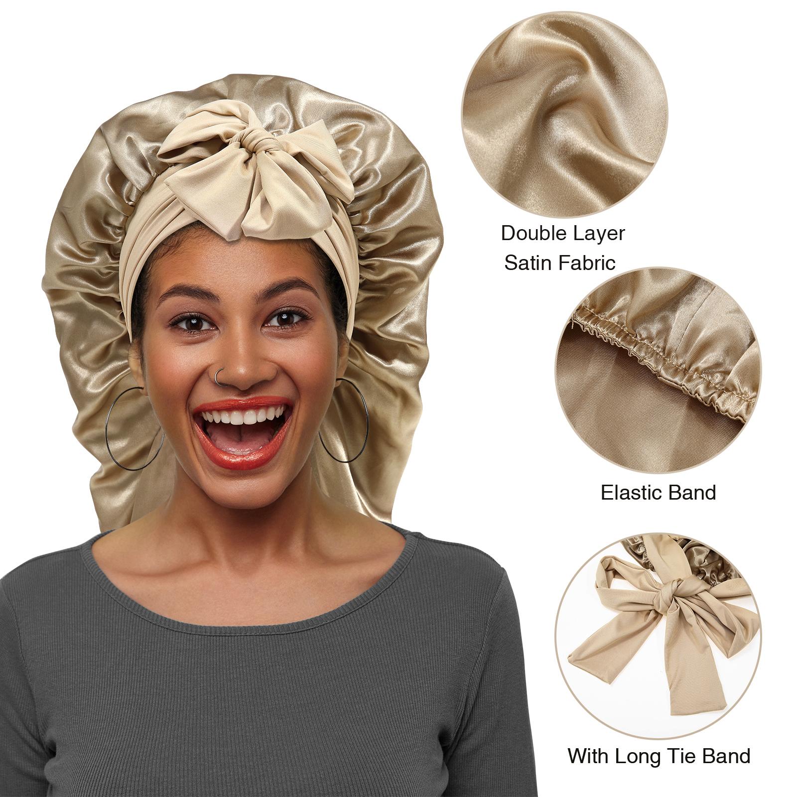 AWAYTR Long Satin Bonnet for Women Double Layer Elastic Silk Bonnet for Braids Hair Sleeping Cap with Tie Band AWAYTR Long Satin Bonnet for Women Double Layer Elastic Silk Bonnet for Braids Hair Sleeping Cap with Tie Band