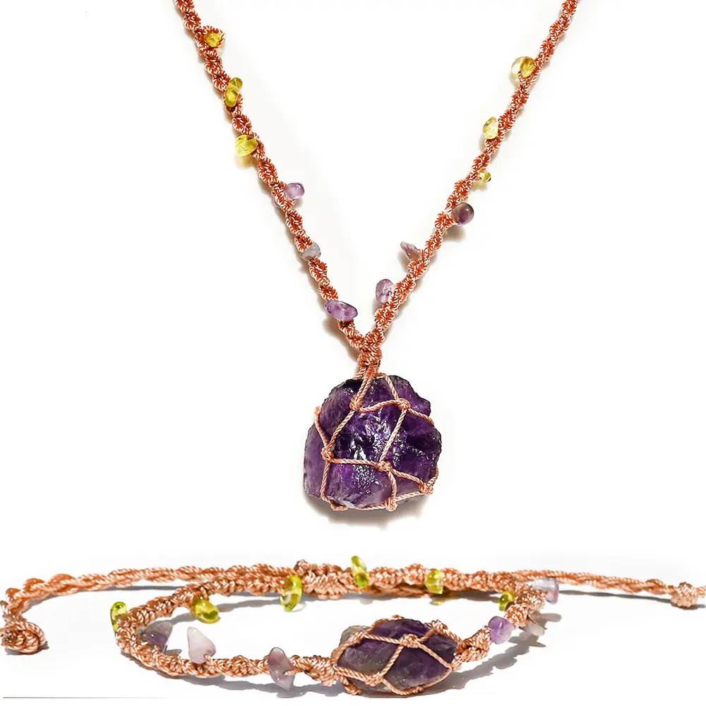 2-Pack Hand-Braided Cord Necklaces, Natural Rough Amethyst Stones Held by Woven Net Pouches, Plastic Alloy Fashion Costume Jewelry Accessory for Daily Wear, Gemstone