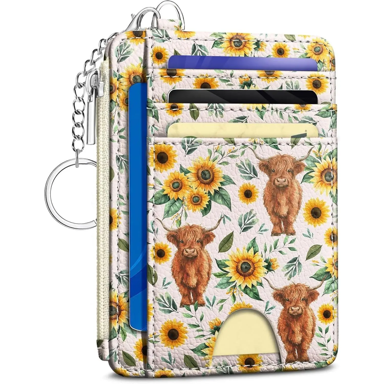 Highland Cow Sunflower Credit Card Holder Small Wallet Women, Slim RFID Blocking Wallet Woman Keychain with Zipper Coin Pocket, Front Pocket Thin Travel Card Case with ID Window Ladies GiftsGift
