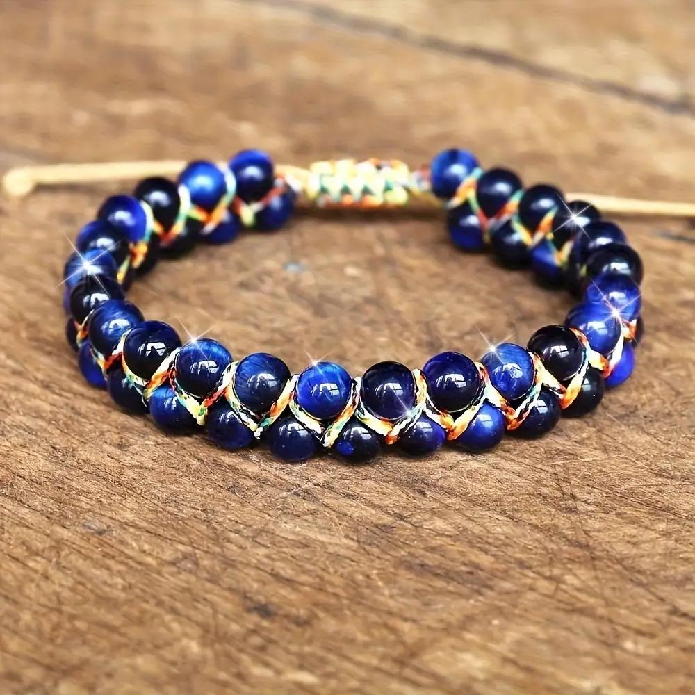 Bohemian style adjustable bracelet - natural cat's eye/tiger's eye beads, navy blue and gold accents, adjustable knot clasp, suitable for daily wear and vacation, women's accessory, July birthstone gift - uncoated natural stone bracelet, tiger's eye beads