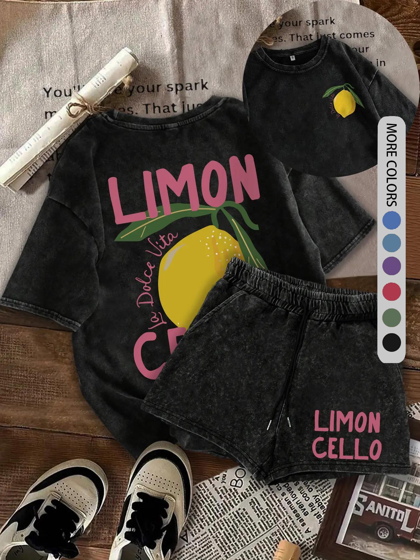 Two-Piece Set Women's Lemon Print Short Sleeve Tee & Shorts, Casual Round Neck T-shirt & Shorts, Summer Clothes for Daily Wear, Suits