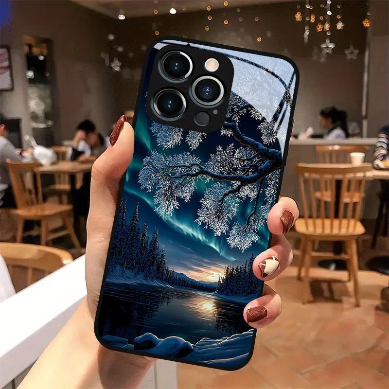Phone case: Northern Lights Snowscape Night HD Glass Phone Case, Compatible with iphone17 17Air 16 Pro 15 Promax 14 Plus 13 12 11