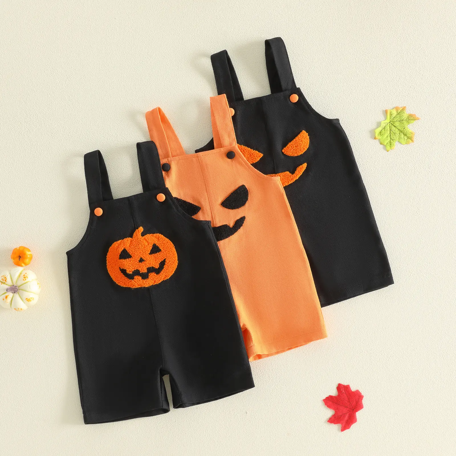 Infant Baby Girls Boys Halloween Overalls Shorts Pumpkin Smile Face Embroidered Rompers Sleeveless Jumpsuits Bodysuits 1-5 Years