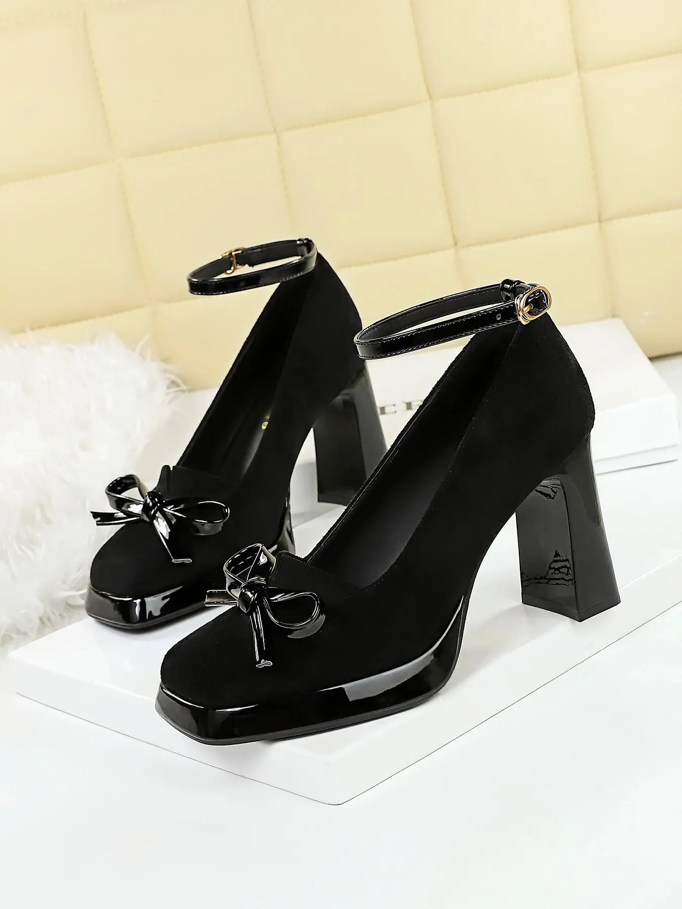Elegant French Style One-Strap Buckle Butterfly Knot Square Toe Velvet Exquisite Heels Thick Heel Waterproof Platform Shoes for Women
