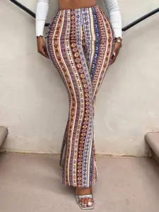Women Scrunch Butt Flare Pants Boho Geometric Print High Waisted Bell Bottoms Sexy Festival Vacation Trousers Bohemian
