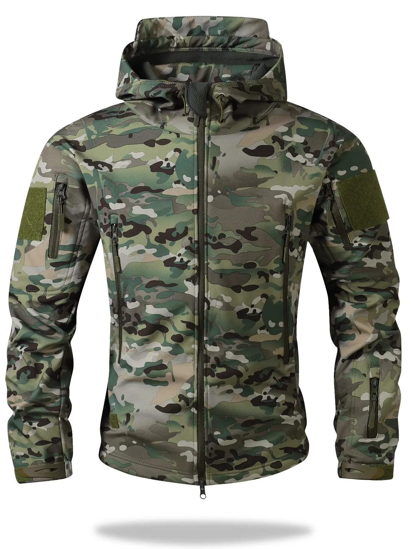 Men's Tactical Camouflage Soft Shell Hooded Jacket, Velcro Arm Pockets, Windproof Waterproof, Ideal for Outdoor Activities