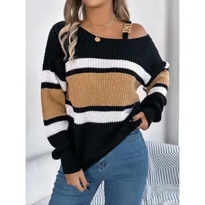 Fall Women's Striped Print Asymmetrical Neck Buckle Decor Sweater, Casual Drop Shoulder Long Sleeve Jumper for Fall , Fashion Ladies' Fall Knitwear for Daily Wear, Womenswear, Preppy 80s Clothes